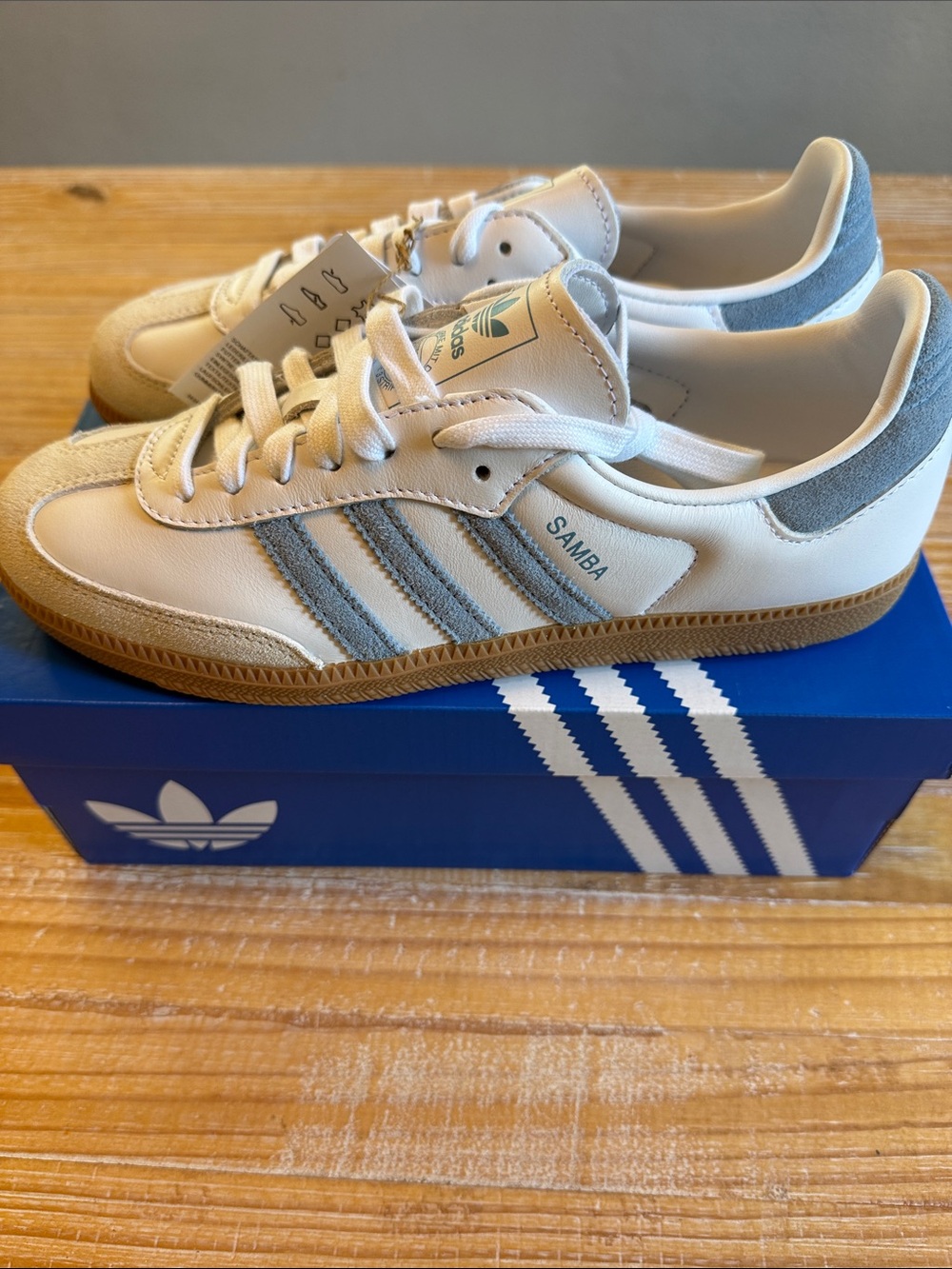 adidas Samba Sneakers in White, Blue-ish Gray & Gum - Picture 4 of 10